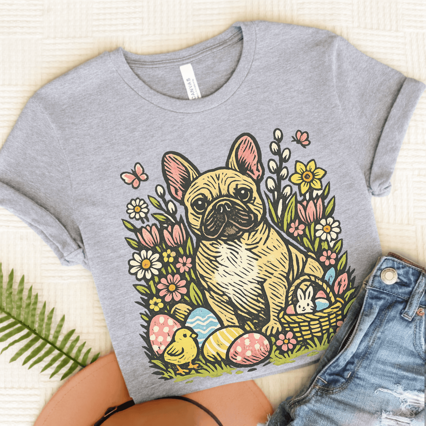 Fawn French Bulldog Linocut Easter Unisex TShirt Athletic Heather