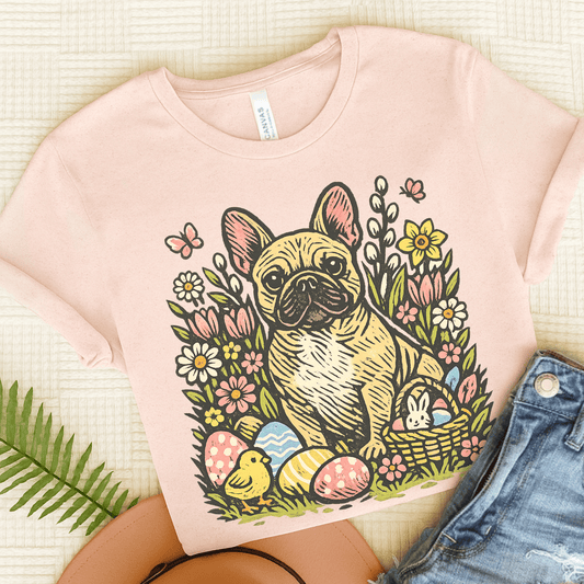 Fawn French Bulldog Linocut Easter Unisex TShirt Soft Pink