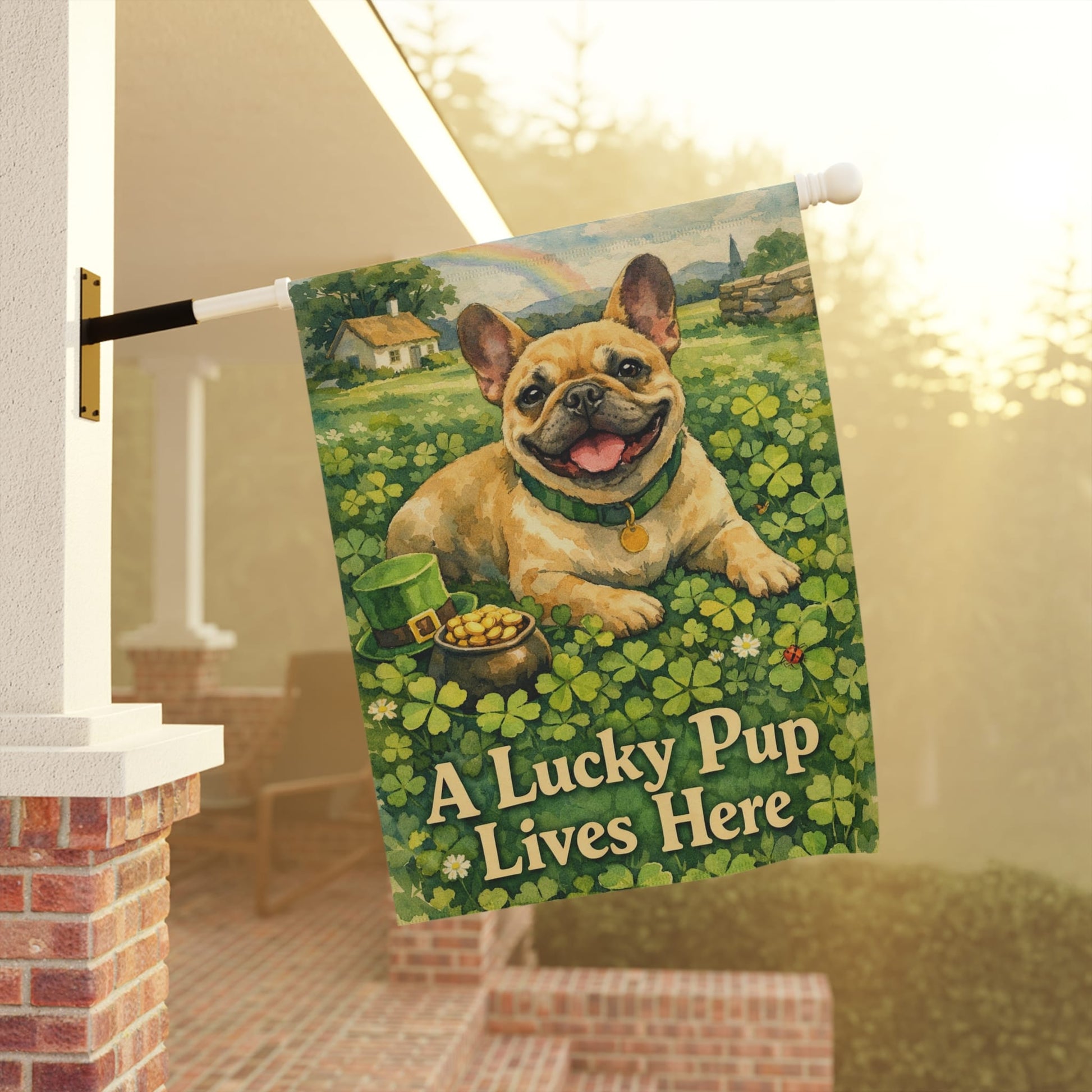 Fawn French Bulldog Lucky Pup St Patricks Day Garden Flag