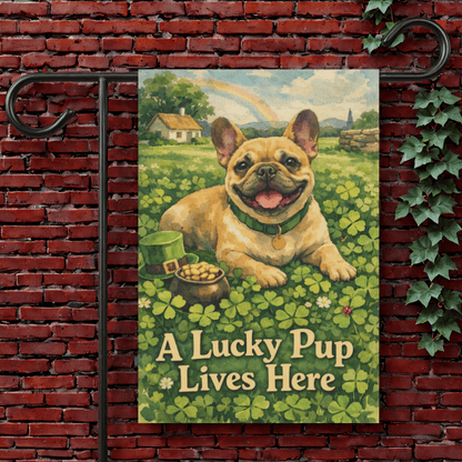 Fawn French Bulldog Lucky Pup St Patricks Day Garden Flag 12'' × 18''
