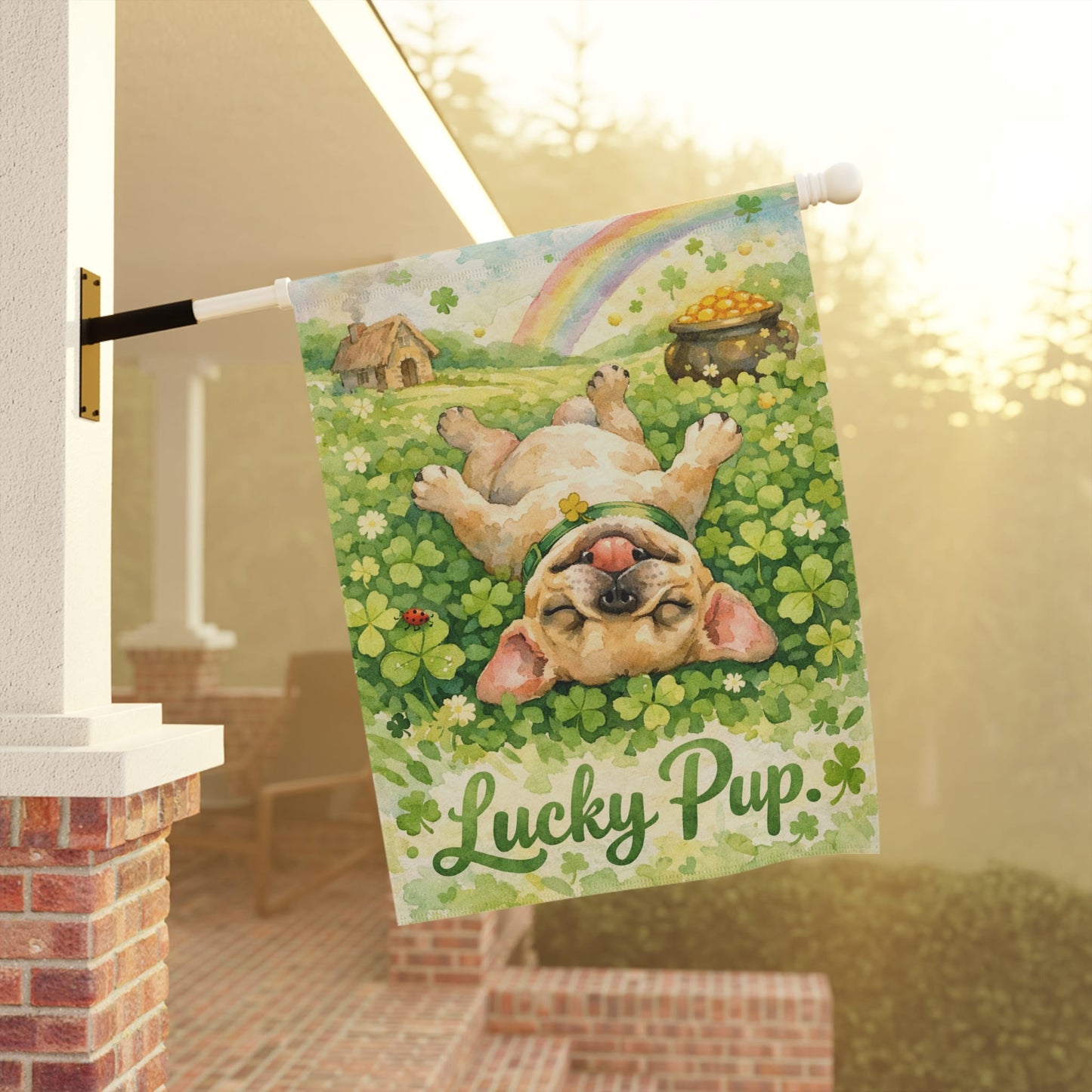 Fawn French Bulldog Lucky Pup St Patties Day Garden Flag