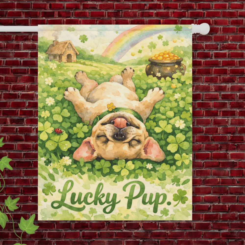 Fawn French Bulldog Lucky Pup St Patties Day Garden Flag 24.5'' × 32''
