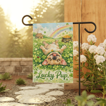 Fawn French Bulldog Lucky Pup St Patties Day Garden Flag