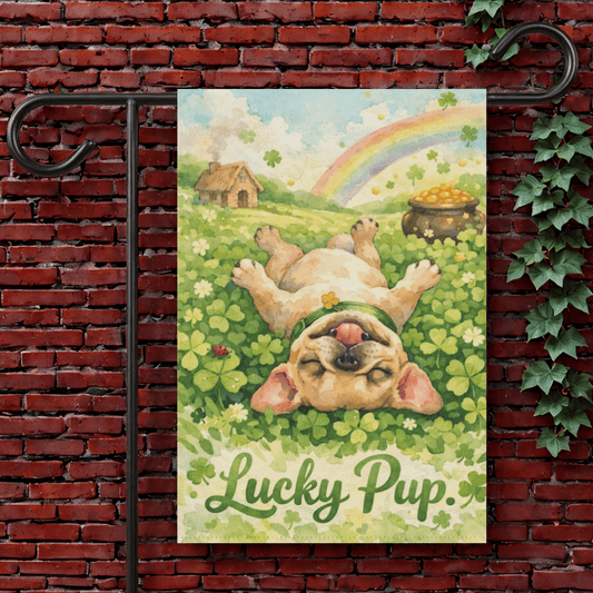 Fawn French Bulldog Lucky Pup St Patties Day Garden Flag 12'' × 18''