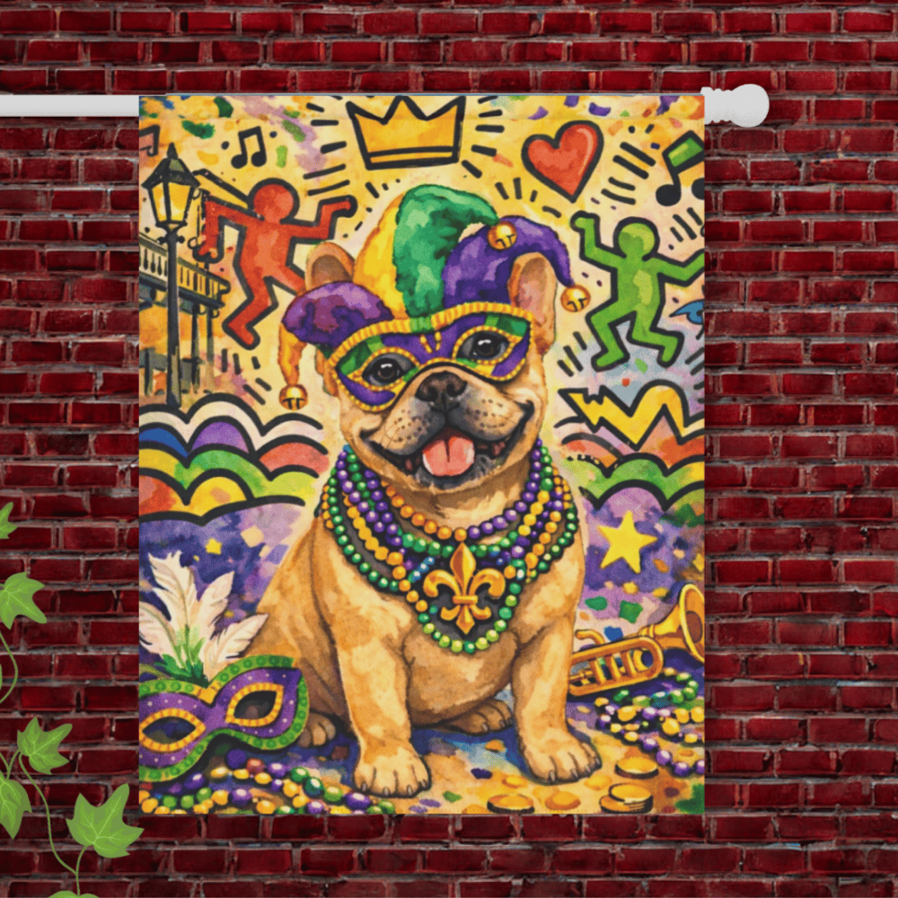 Fawn French Bulldog Mardi Gras Garden Flag 24.5'' × 32''