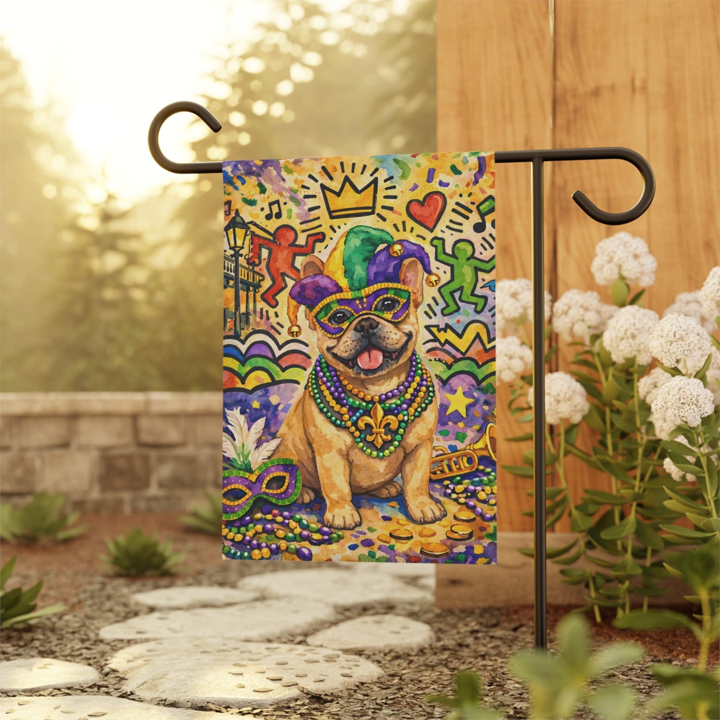 Fawn French Bulldog Mardi Gras Garden Flag