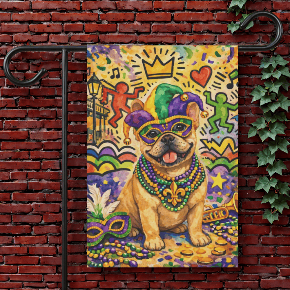 Fawn French Bulldog Mardi Gras Garden Flag 12'' × 18''