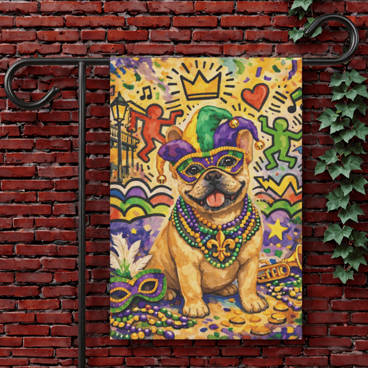 Fawn French Bulldog Mardi Gras Garden Flag 12'' × 18''