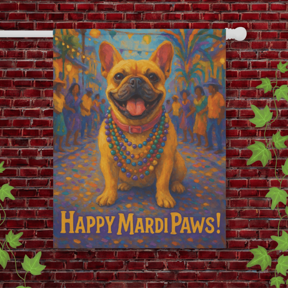 Fawn French Bulldog Mardi Gras Paws Garden Flag 24.5'' × 32''