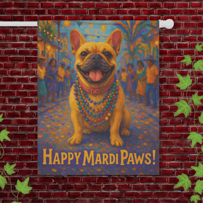 Fawn French Bulldog Mardi Gras Paws Garden Flag 24.5'' × 32''