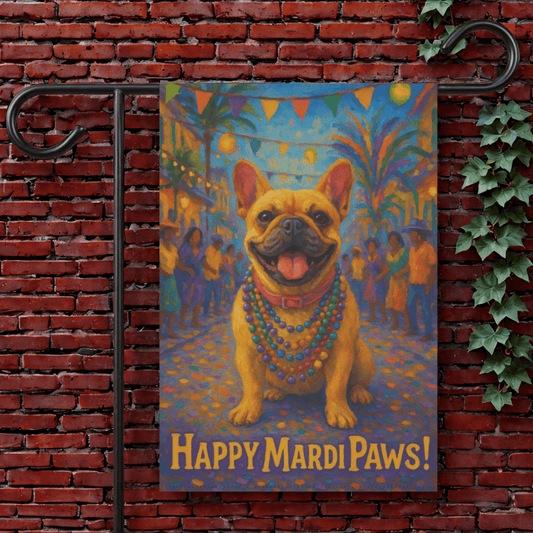 Fawn French Bulldog Mardi Gras Paws Garden Flag 12'' × 18''