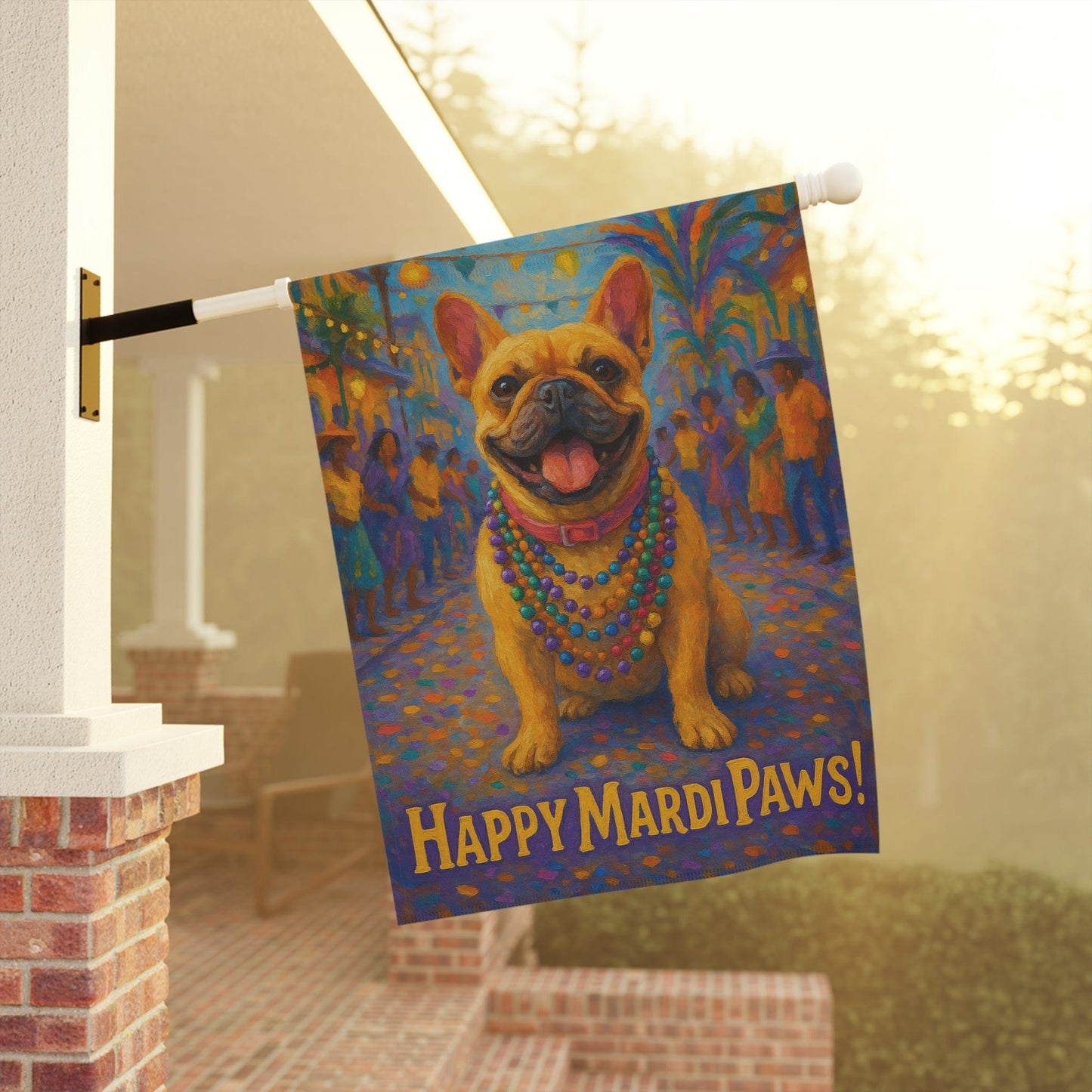 Fawn French Bulldog Mardi Gras Paws Garden Flag