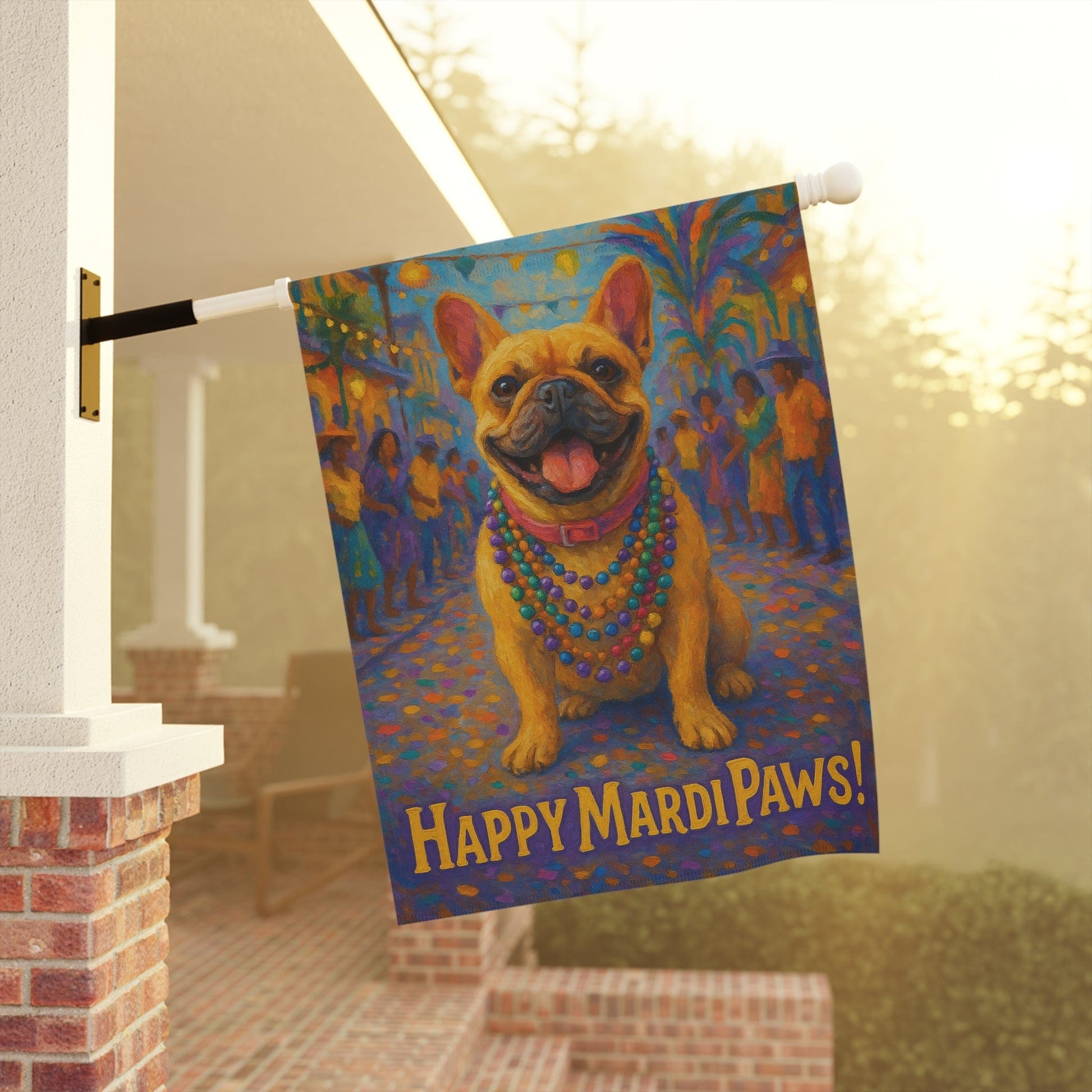 Fawn French Bulldog Mardi Gras Paws Garden Flag