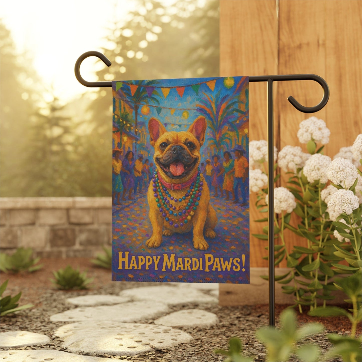 Fawn French Bulldog Mardi Gras Paws Garden Flag