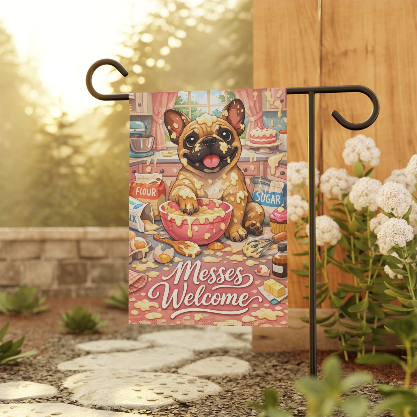 Fawn French Bulldog Messy Baker Garden Flag