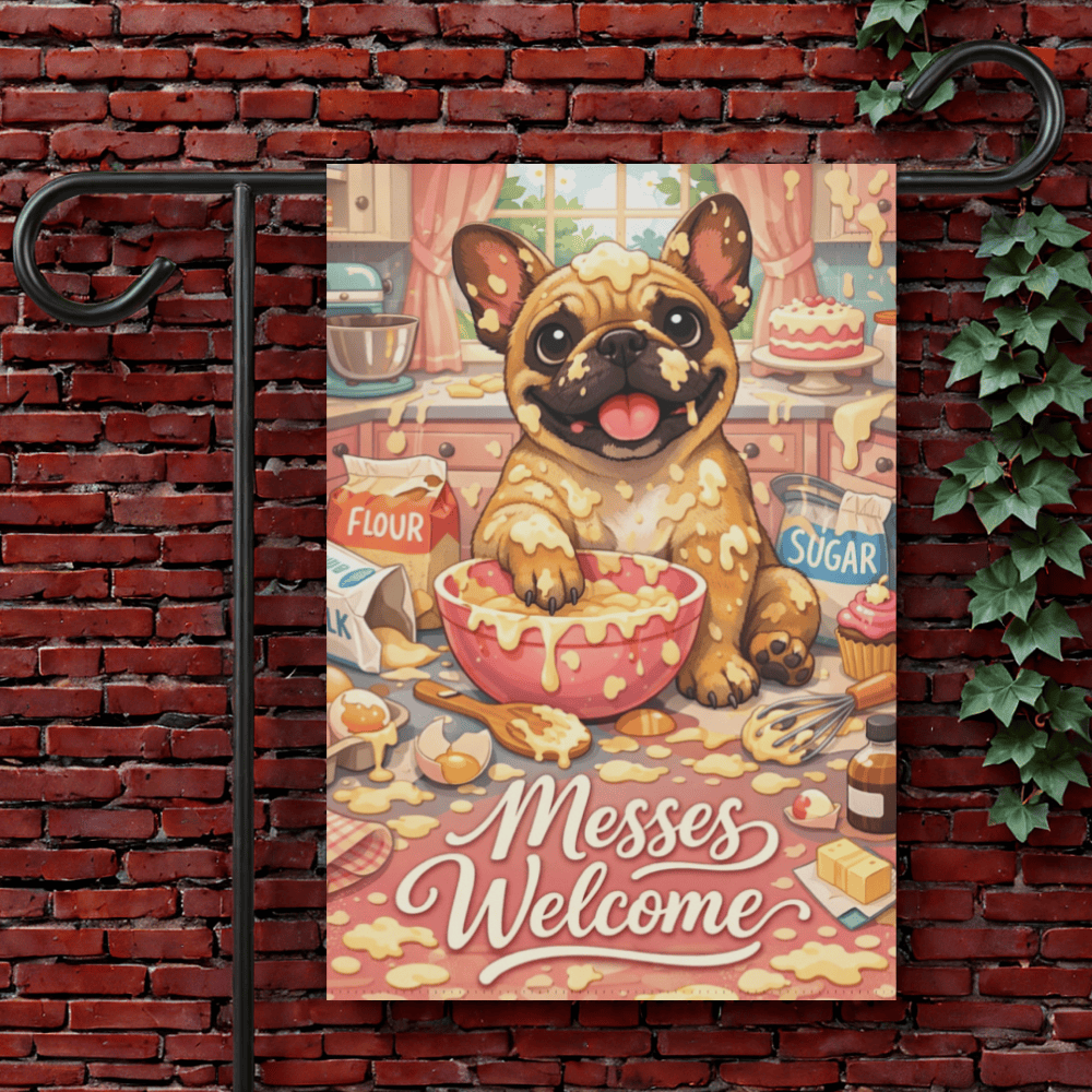 Fawn French Bulldog Messy Baker Garden Flag 12'' × 18''