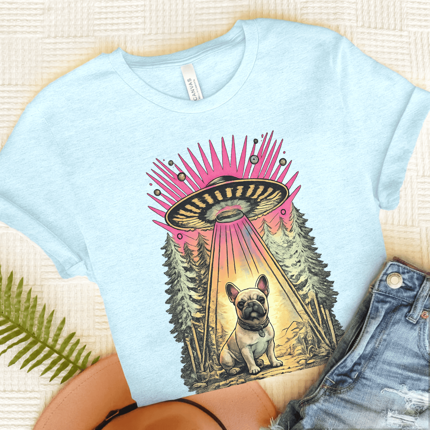 Fawn French Bulldog Neon Funny Aliens Unisex TShirt Heather Ice Blue