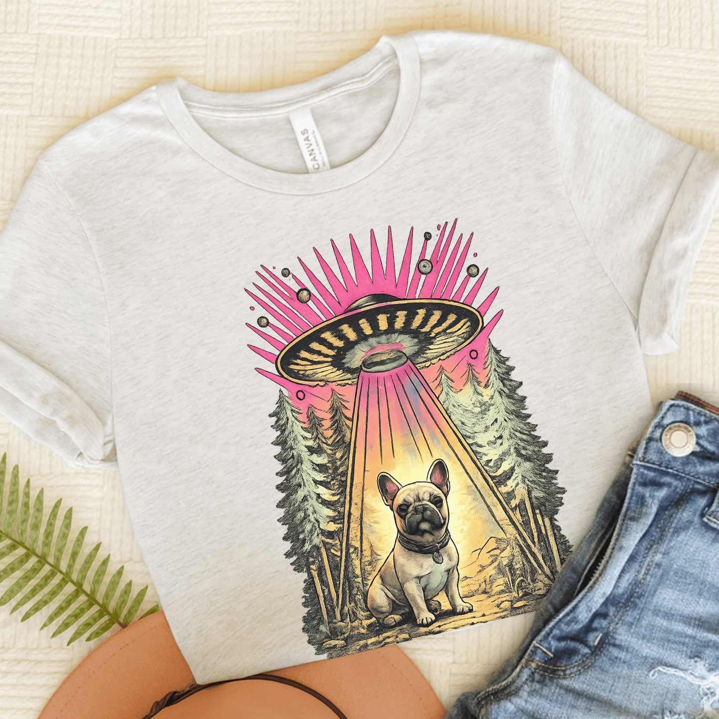Fawn French Bulldog Neon Funny Aliens Unisex TShirt Ash