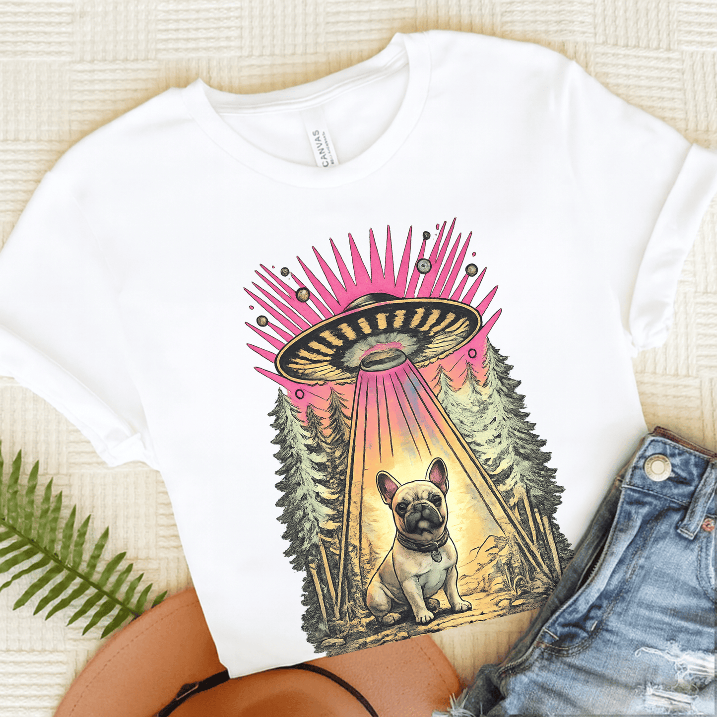 Fawn French Bulldog Neon Funny Aliens Unisex TShirt White