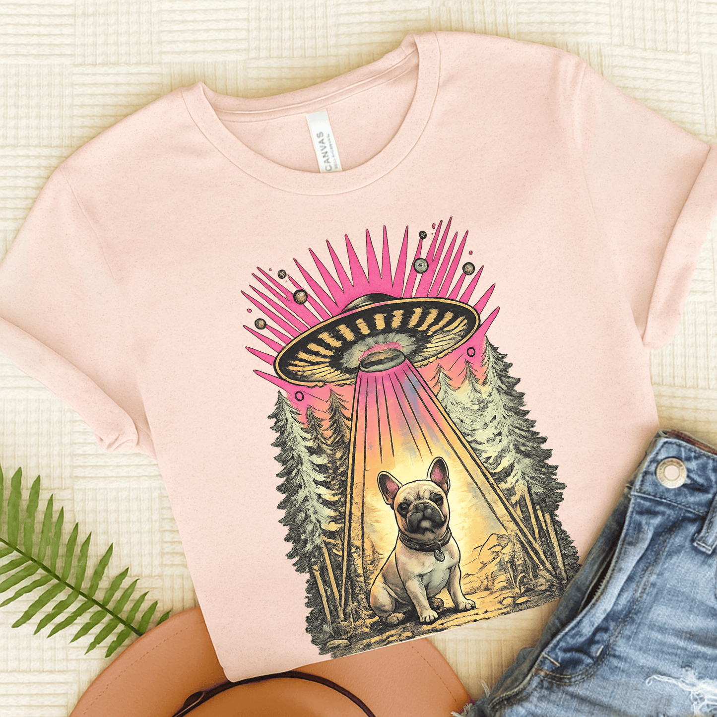 Fawn French Bulldog Neon Funny Aliens Unisex TShirt Soft Pink