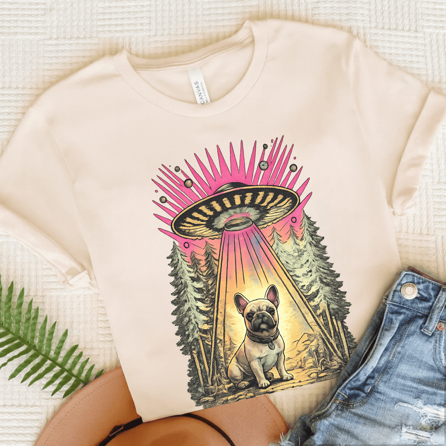Fawn French Bulldog Neon Funny Aliens Unisex TShirt Natural