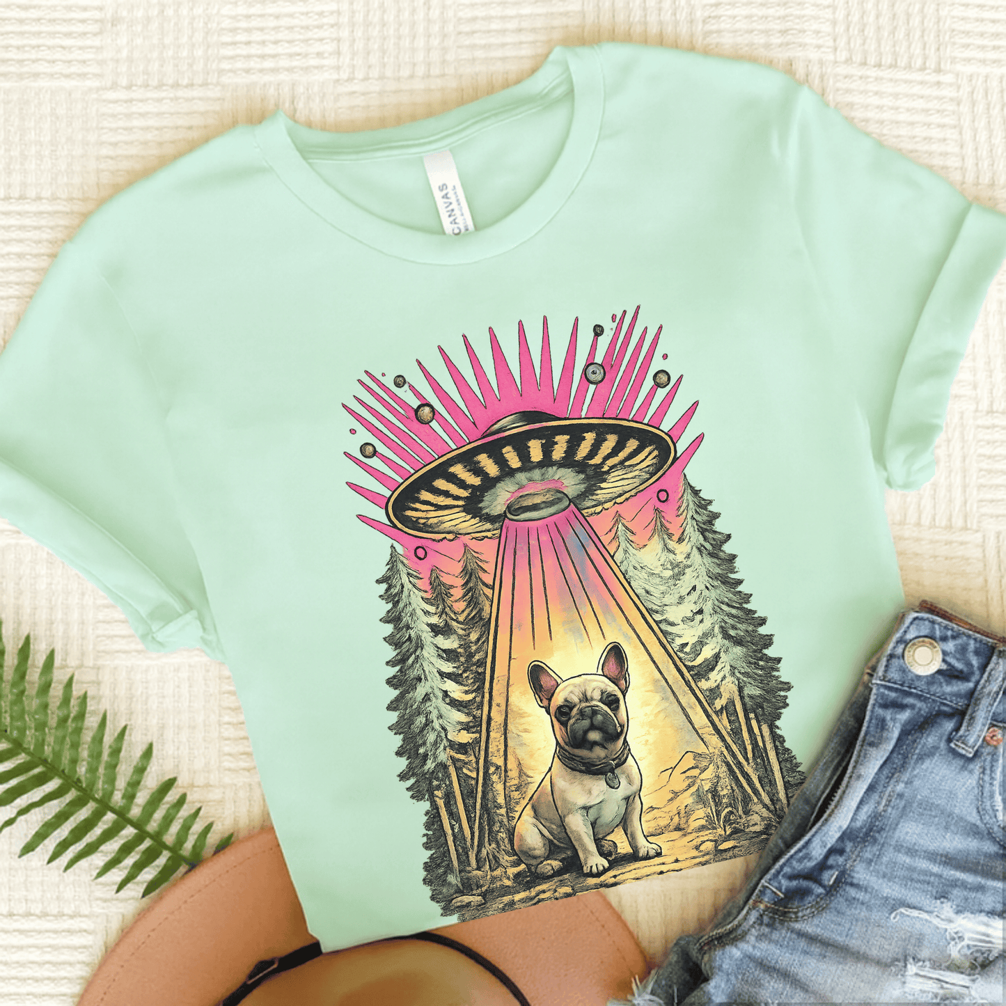 Fawn French Bulldog Neon Funny Aliens Unisex TShirt Heather Mint