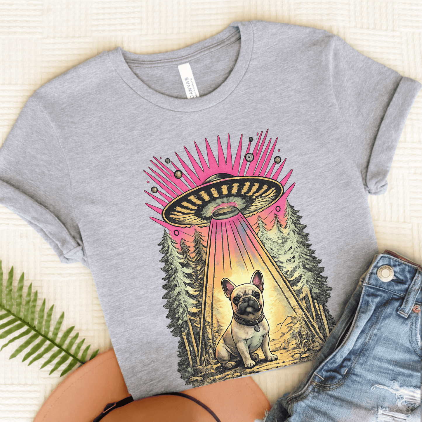 Fawn French Bulldog Neon Funny Aliens Unisex TShirt Athletic Heather