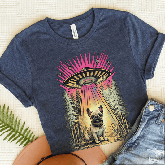 Fawn French Bulldog Neon Funny Aliens Unisex TShirt Heather Navy