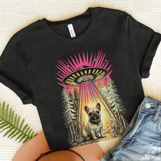 Fawn French Bulldog Neon Funny Aliens Unisex TShirt Dark Grey Heather