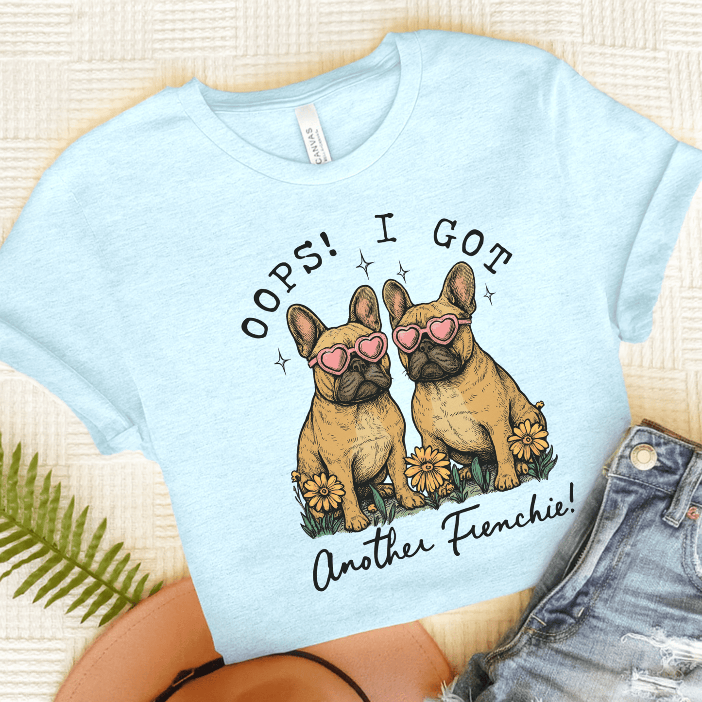 Fawn French Bulldog Oops TShirt Heather Ice Blue