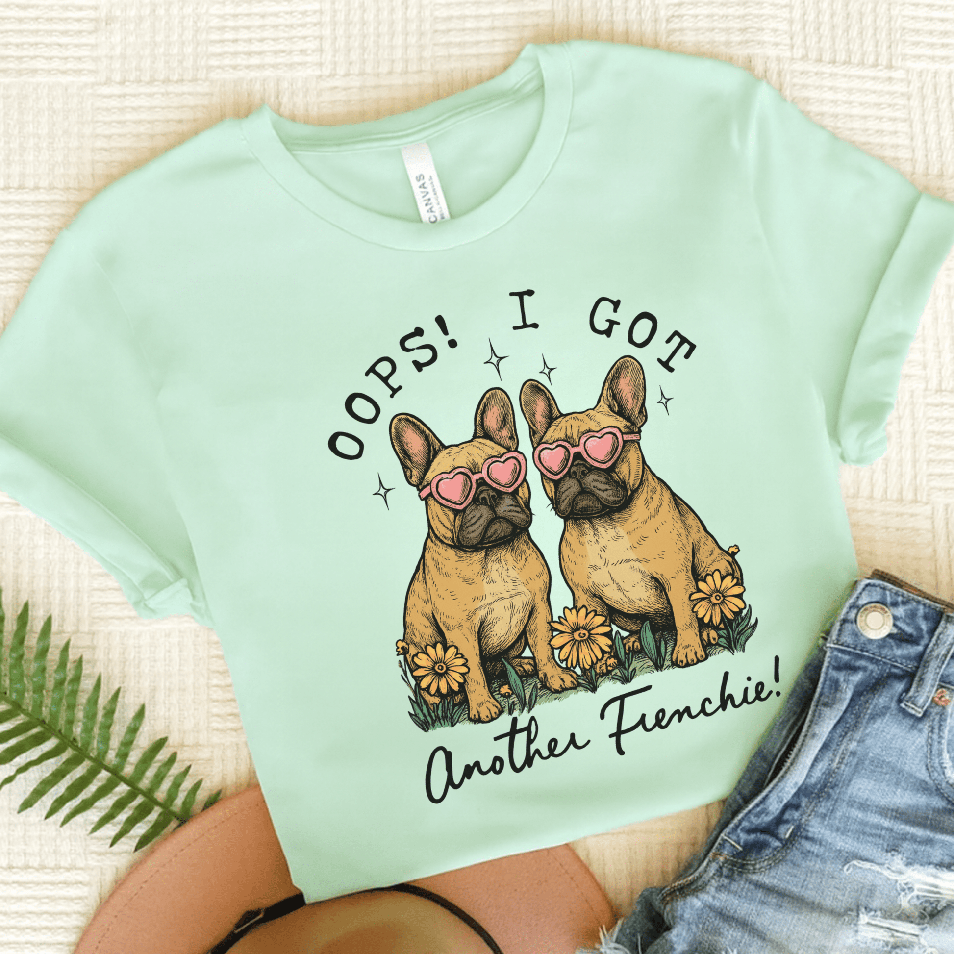 Fawn French Bulldog Oops TShirt Heather Mint