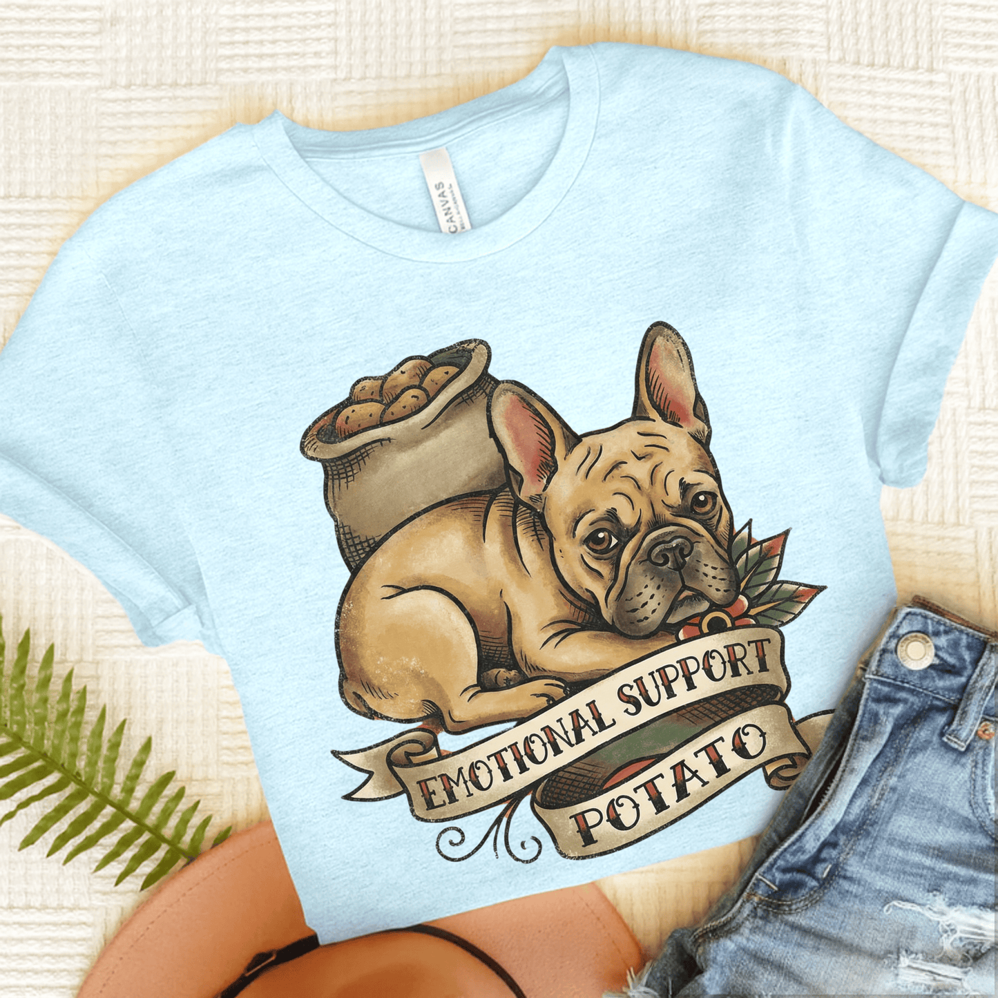 Fawn French Bulldog Potato Unisex TShirt Heather Ice Blue