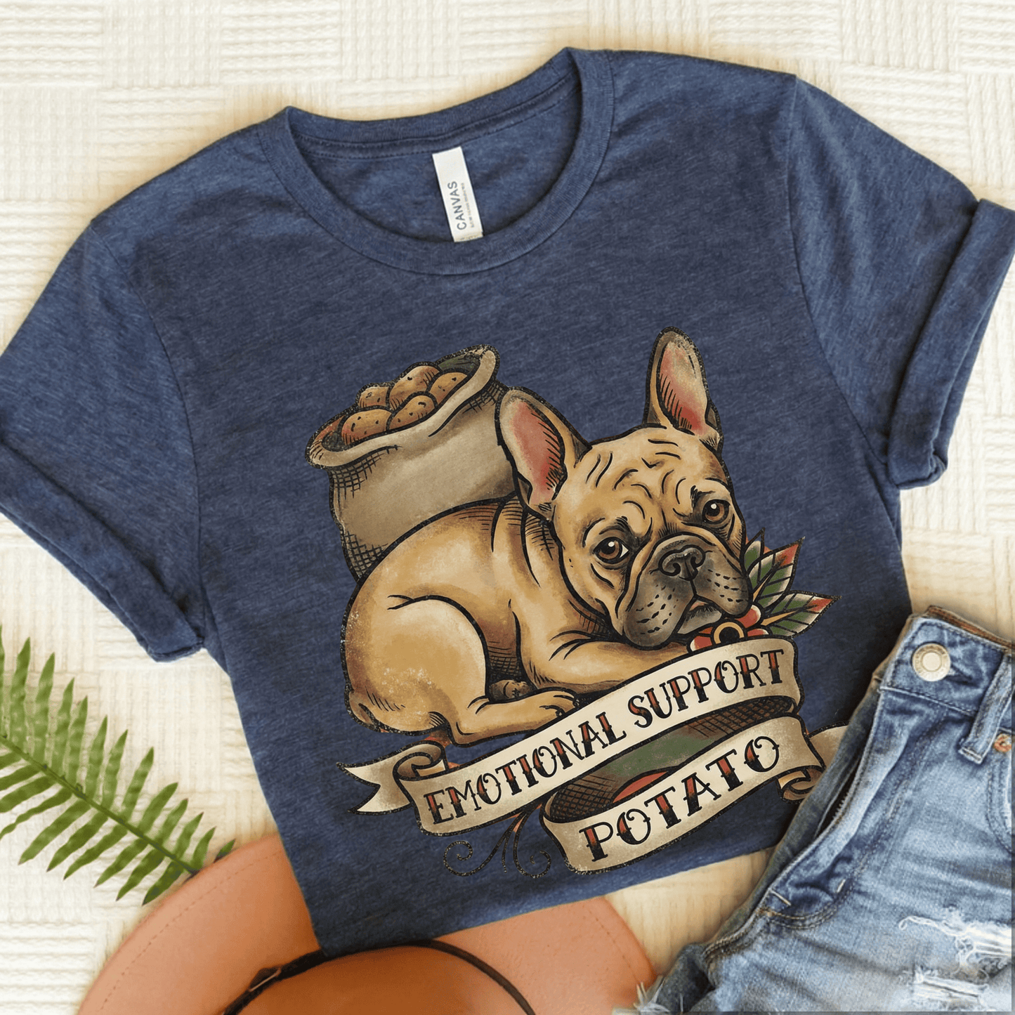 Fawn French Bulldog Potato Unisex TShirt Heather Navy