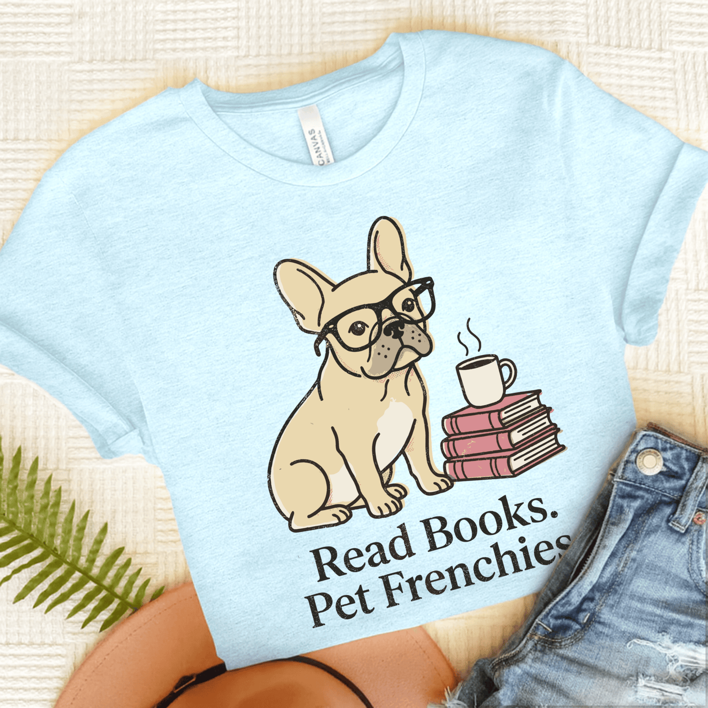 Fawn French Bulldog Read Books Unisex TShirt Heather Ice Blue