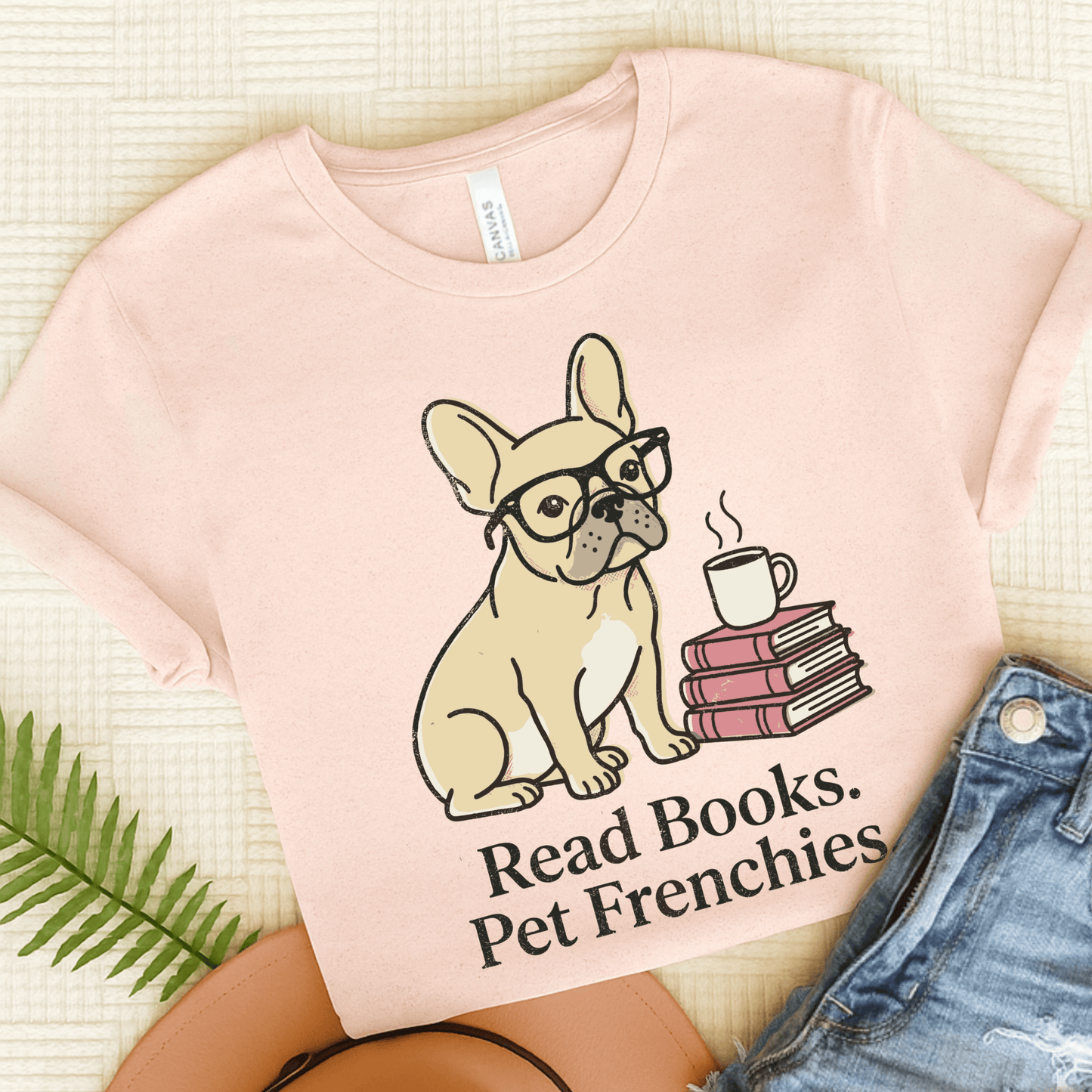 Fawn French Bulldog Read Books Unisex TShirt Soft Pink