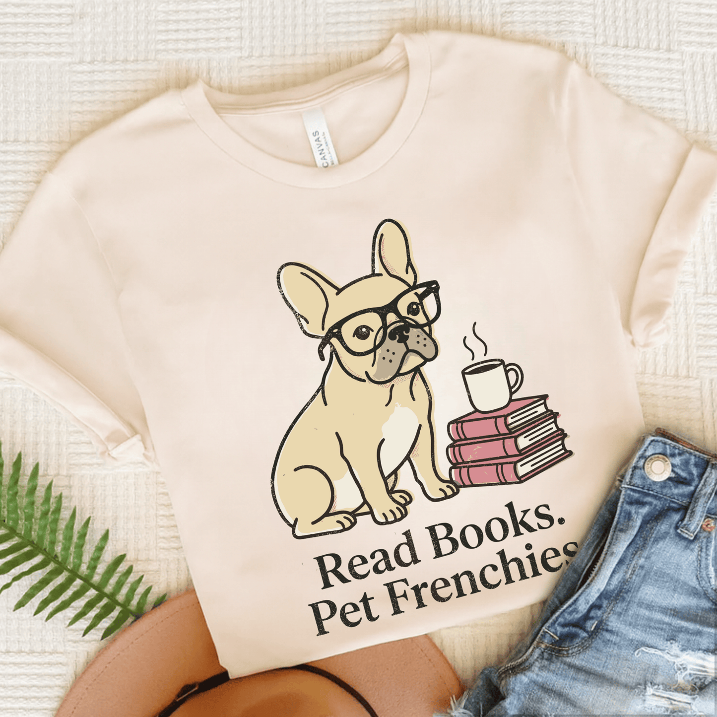 Fawn French Bulldog Read Books Unisex TShirt Natural
