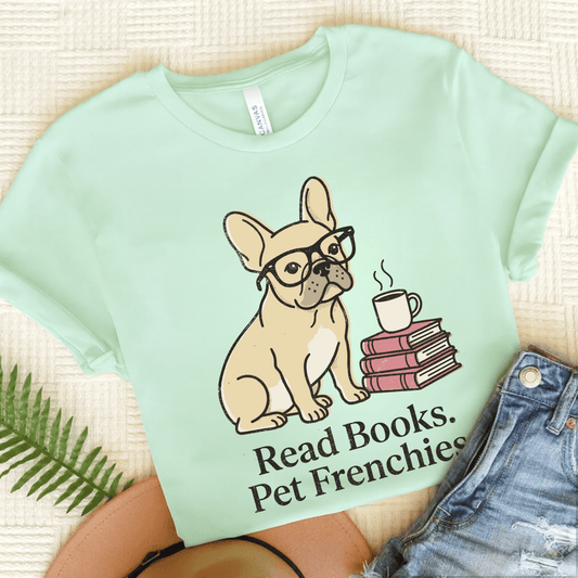 Fawn French Bulldog Read Books Unisex TShirt Heather Mint