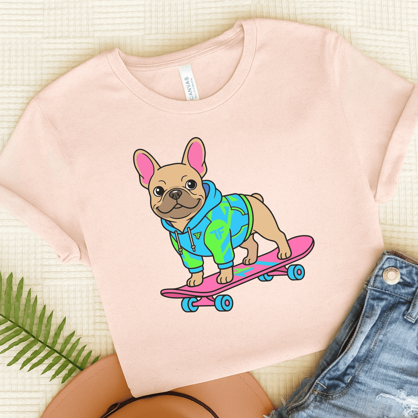 Fawn French Bulldog Skateboard Unisex TShirt Soft Pink