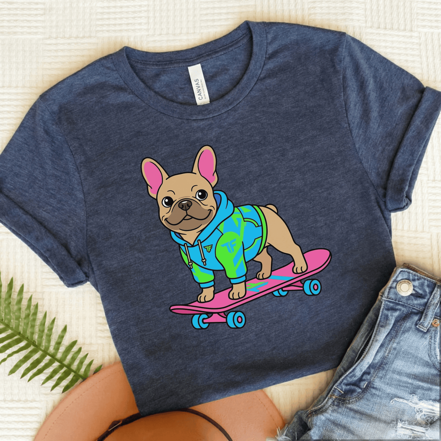 Fawn French Bulldog Skateboard Unisex TShirt Heather Navy