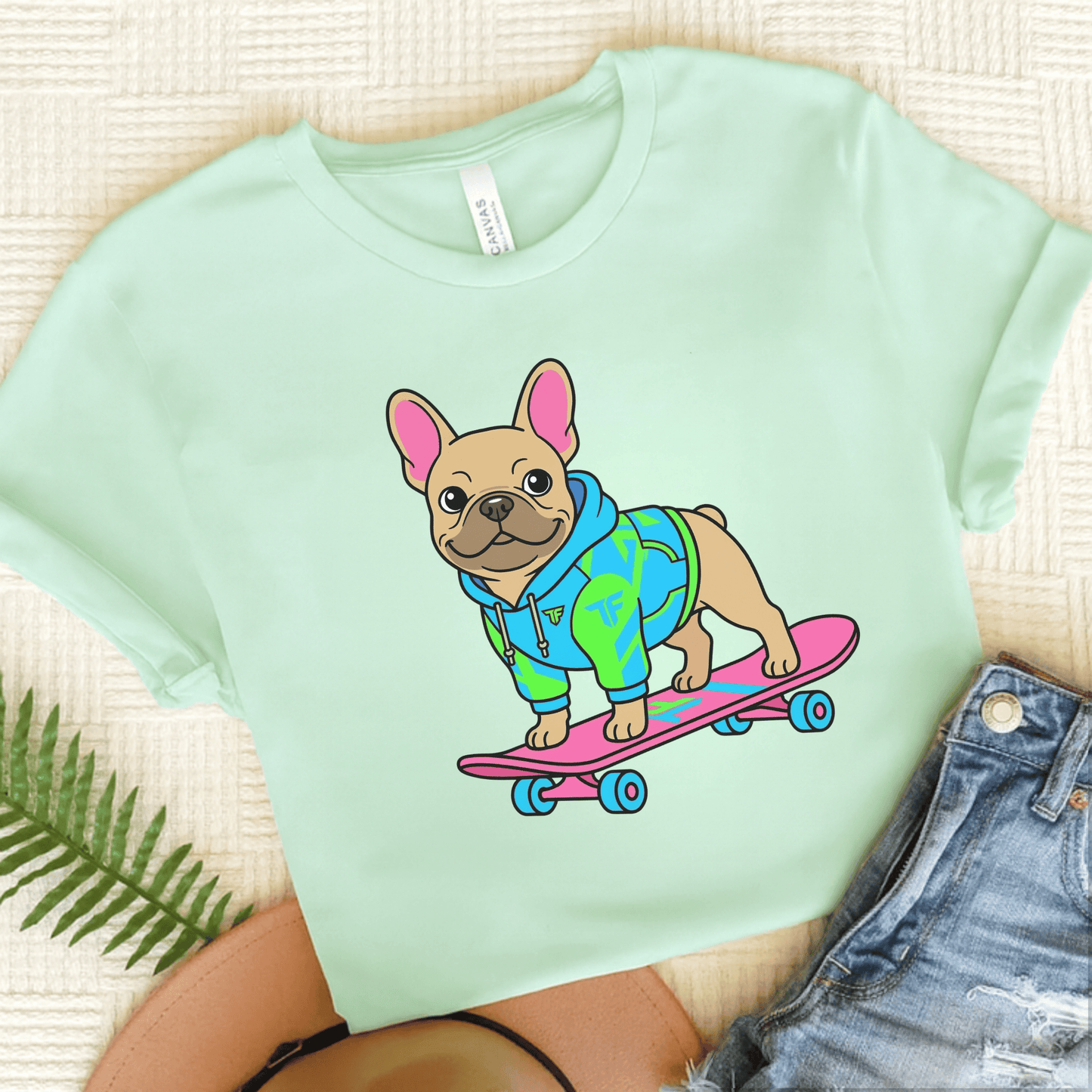 Fawn French Bulldog Skateboard Unisex TShirt Heather Mint