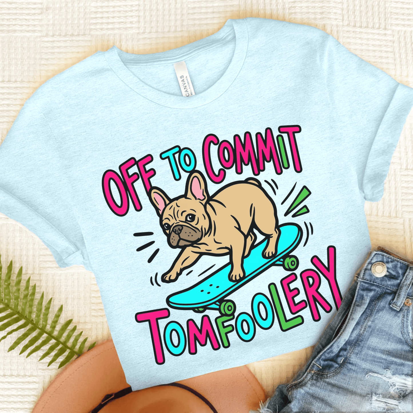 Fawn French Bulldog Skateboarding Unisex TShirt Heather Ice Blue