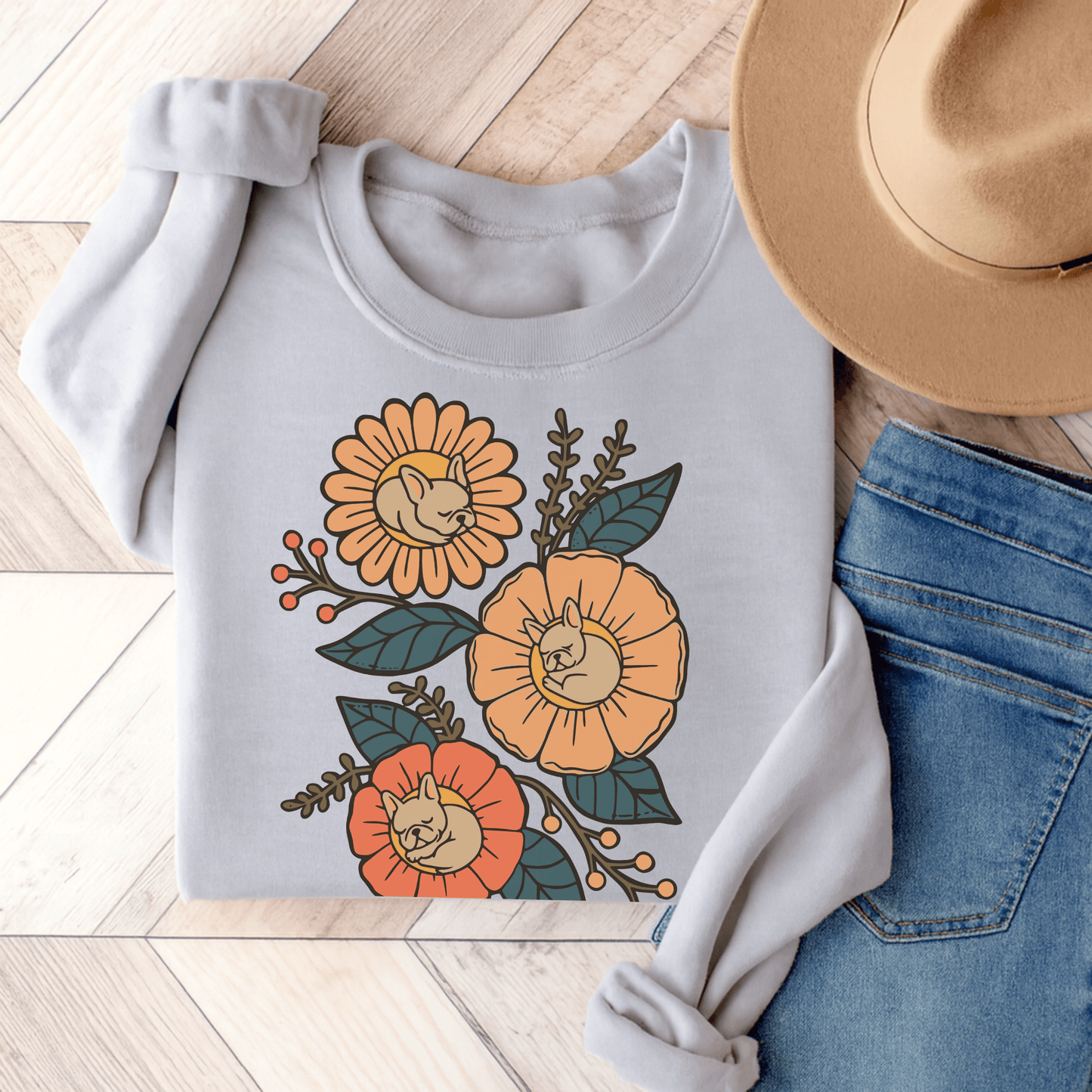 Fawn French Bulldog Sleeping Flowers Sweatshirt Ash