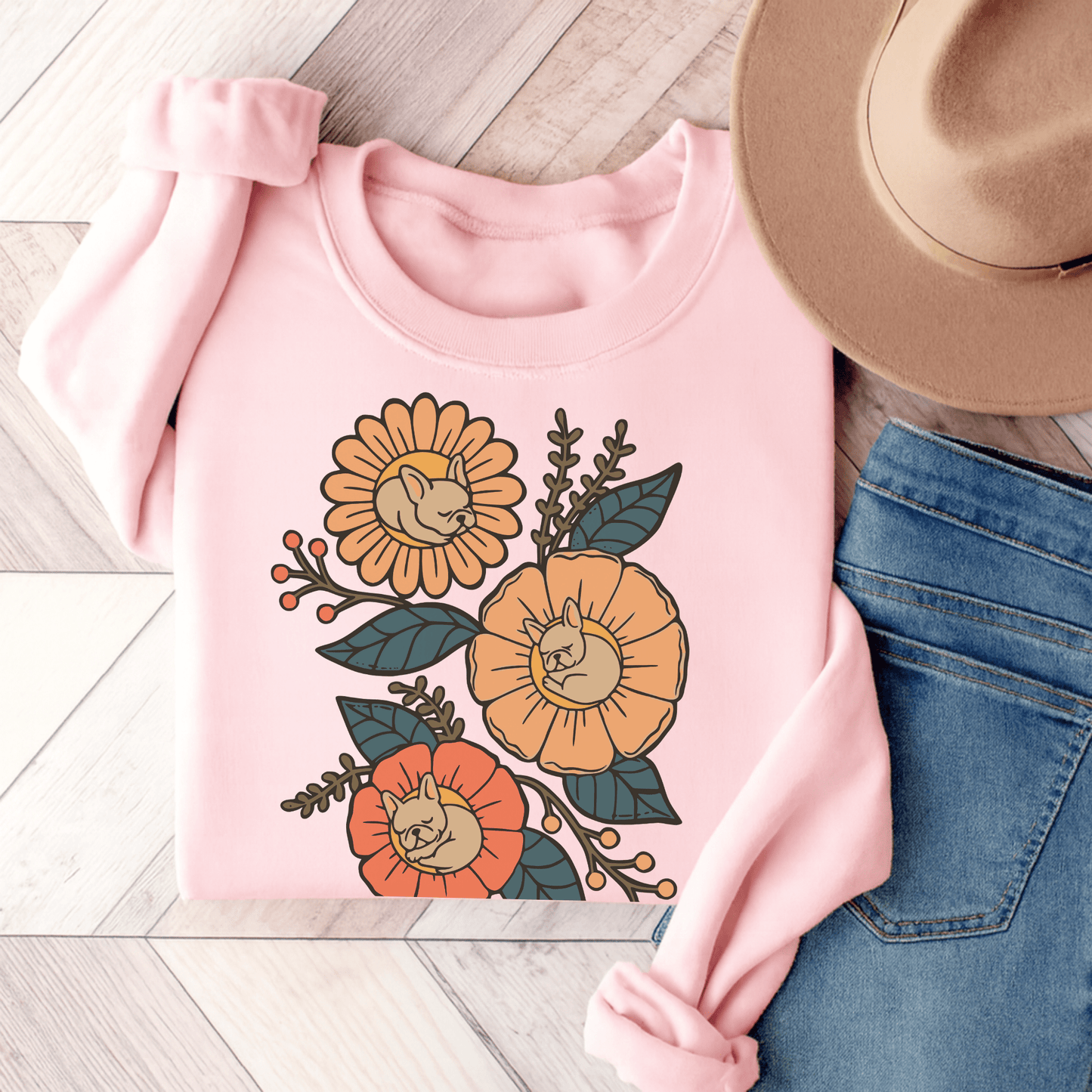 Fawn French Bulldog Sleeping Flowers Sweatshirt Light Pink