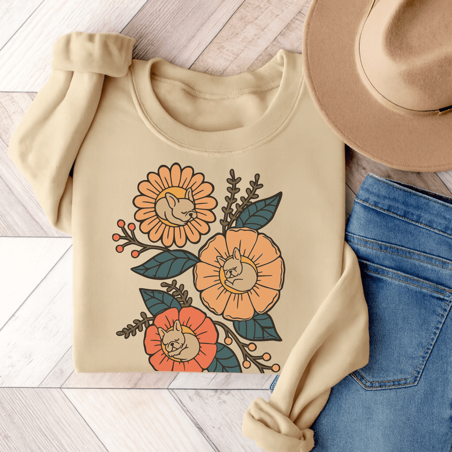 Fawn French Bulldog Sleeping Flowers Sweatshirt Sand