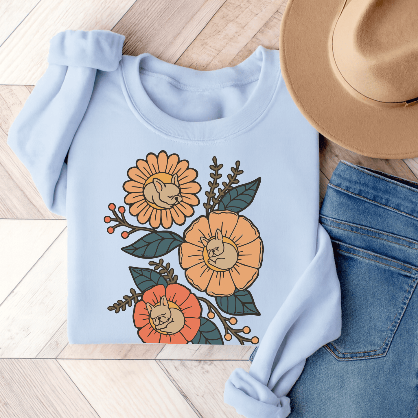 Fawn French Bulldog Sleeping Flowers Sweatshirt Light Blue