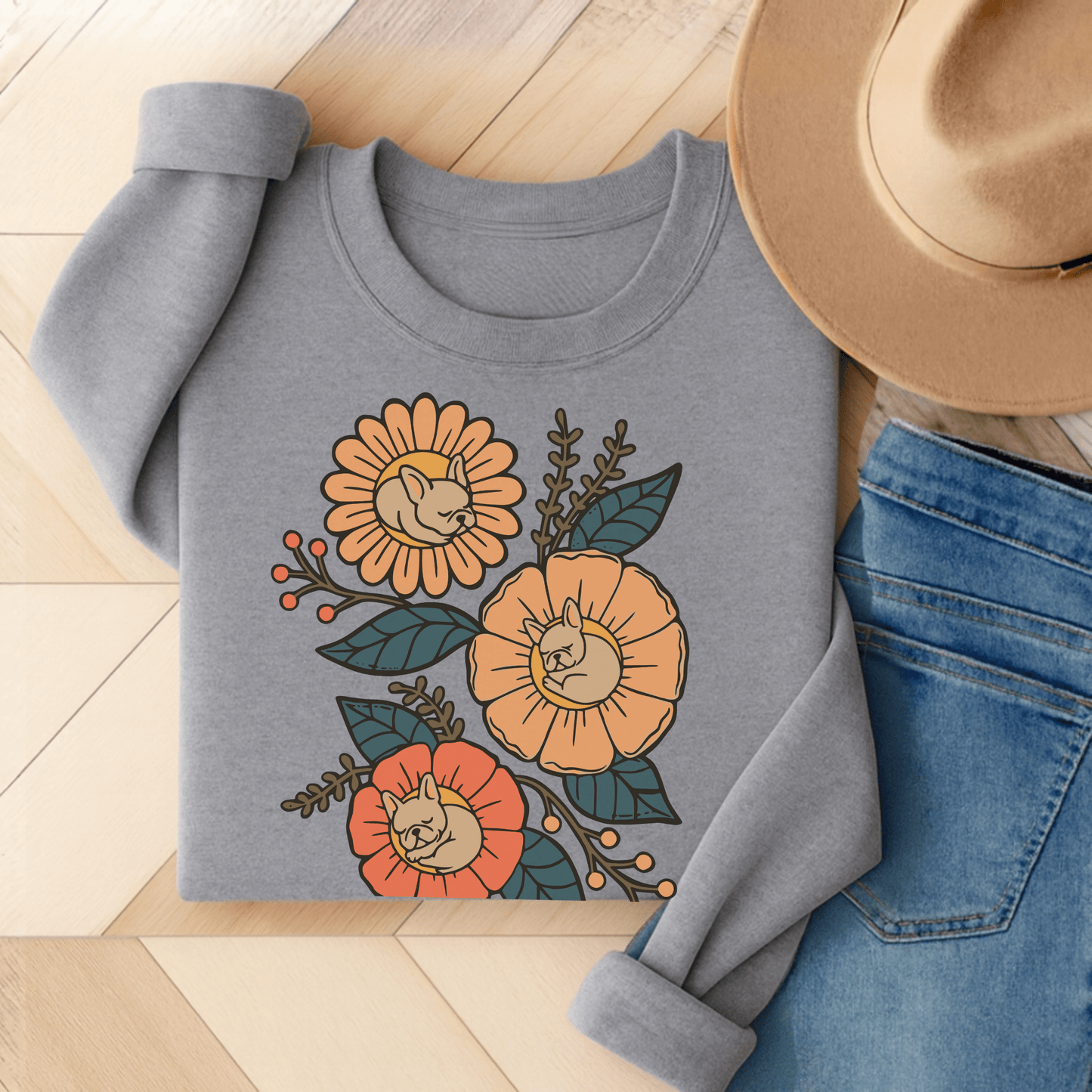 Fawn French Bulldog Sleeping Flowers Sweatshirt Sport Grey