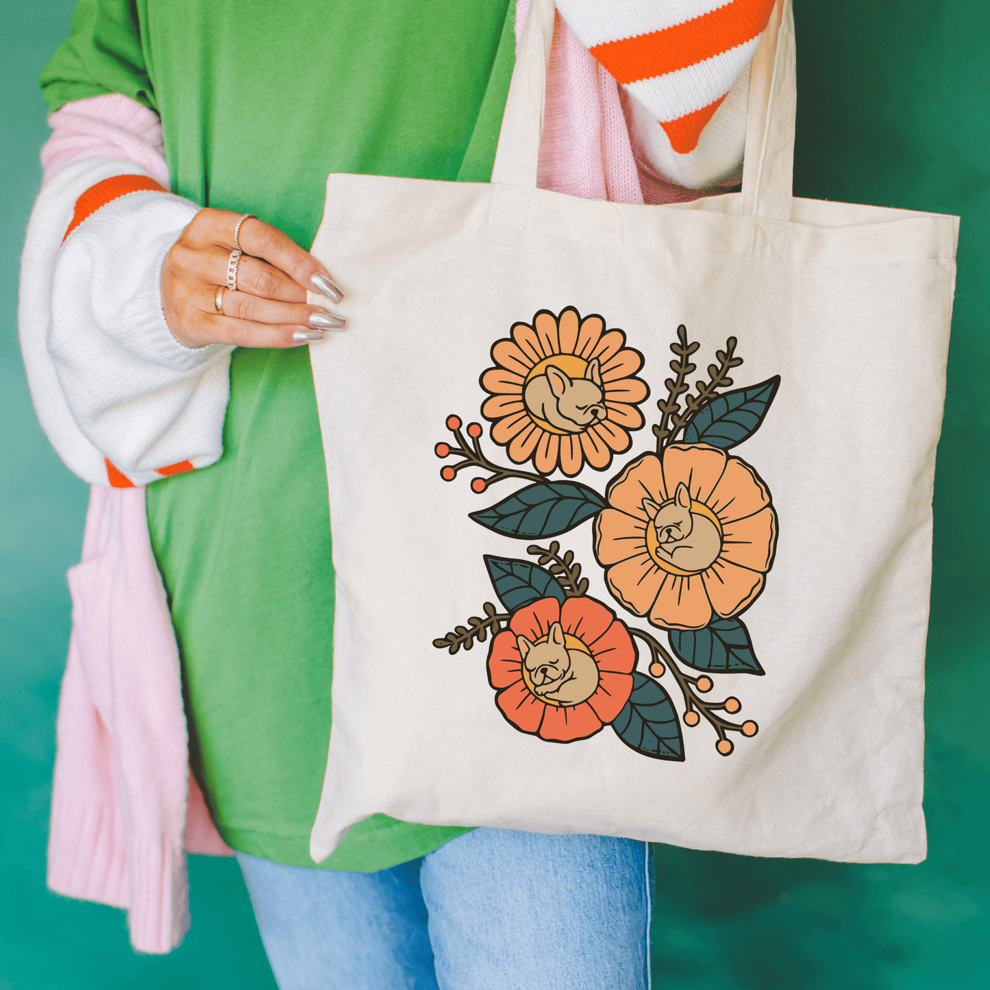 Fawn French Bulldog Sleeping Flowers Tote Bag Natural 15" x 16"