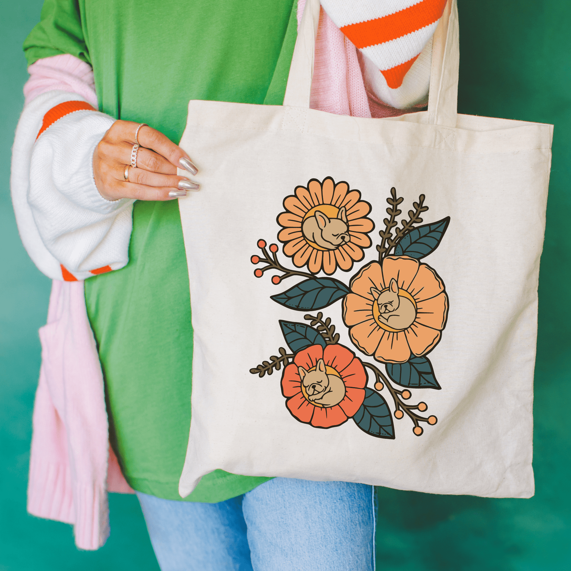 Fawn French Bulldog Sleeping Flowers Tote Bag Natural 15" x 16"