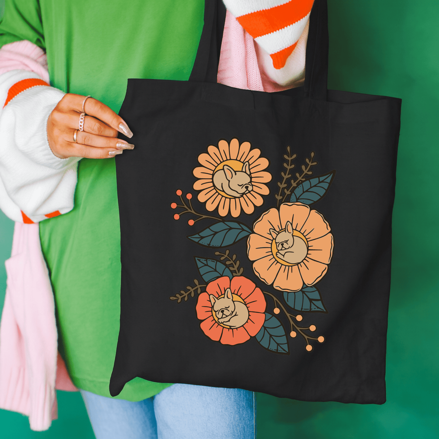 Fawn French Bulldog Sleeping Flowers Tote Bag Black 15" x 16"