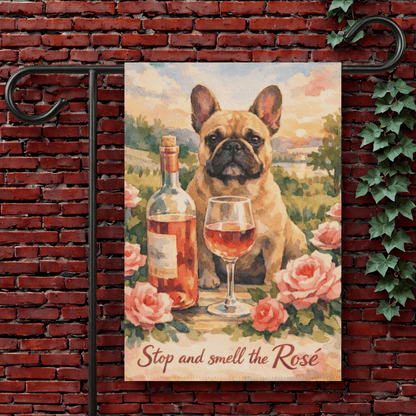 Fawn French Bulldog Smell the Rosé Garden Flag 12'' × 18''